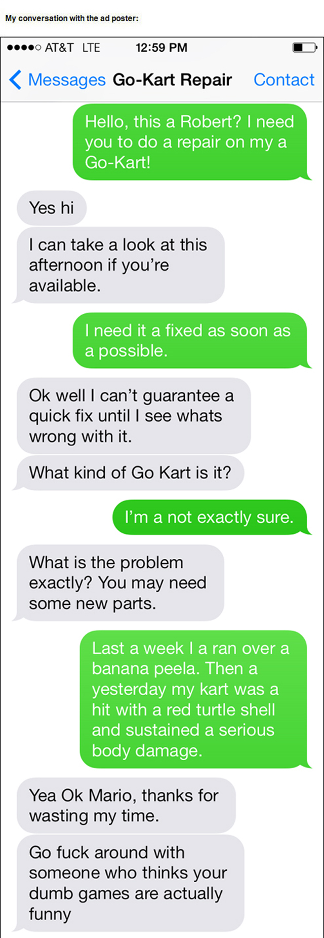 Go-Kart repairman text troll